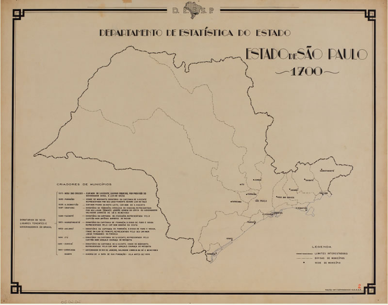 Mapa elaborado pela Seo de Cartografia do Departamento de Estatstica do Estado projeta sobre o atual Estado de So Paulo as vilas criadas oficialmente at 1700. Acervo Apesp