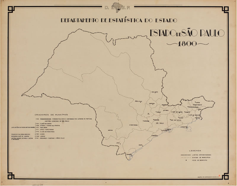 Mapa tambm elaborado pela Seo de Cartografia do Departamento de Estatstica do Estado de So Paulo apresenta as vilas criadas at 1800. O mapa no inclua outras seis vilas que pertenciam  Capitania de So Paulo e hoje encontram-se no Estado do Paran (Curitiba, Vila do Prncipe, Castro, Guaratuba, Antonina e Paranagu). Acervo Apesp