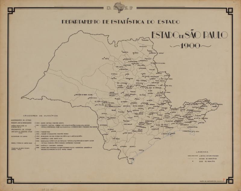 Outro mapa da srie elaborada pela Seo de Cartografia do Departamento de Estatstica do Estado projeta sobre o atual Estado de So Paulo as cidades criadas oficialmente at 1900. Acervo Apesp