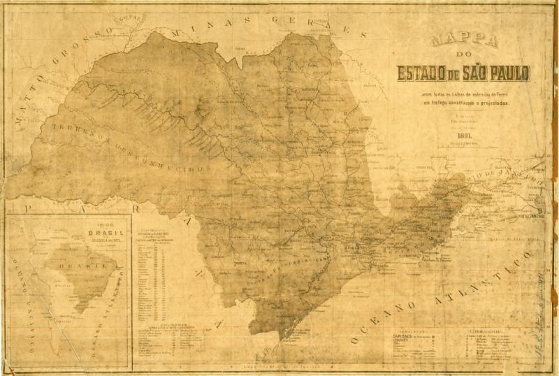Mappa do Estado de So Paulo, com todas as linhas de estradas de ferro em trafego, em construco e projectadas. Editor Ugo Bonvicini. 1891. Acervo Apesp