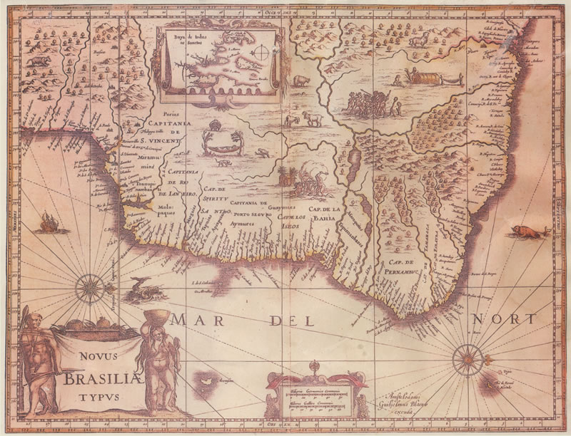 Mapa Novus Brasilia Typus (38,2 x 49,6 cm), de Willem Janszoon Blaeu, editado em 1640, que apresenta o Brasil dividido em capitanias hereditrias