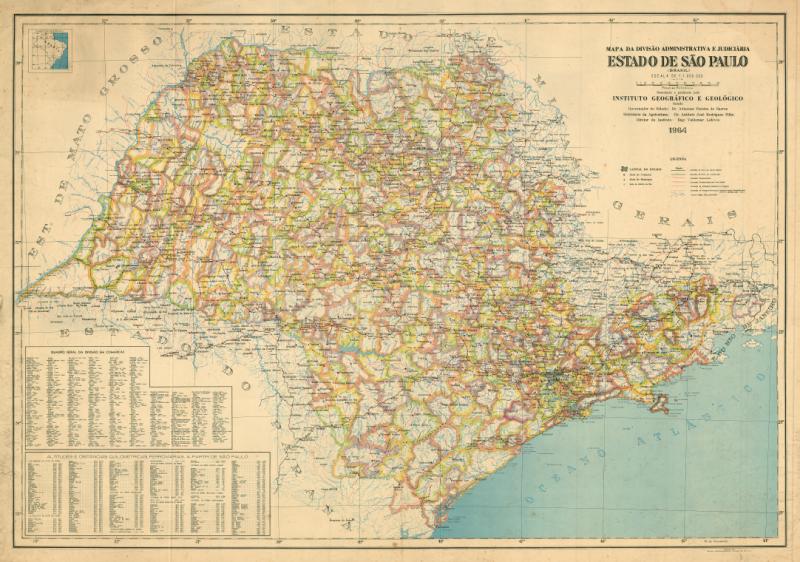 Mapa da Diviso Administrativa e Judiciria, Estado de So Paulo (Brasil), desenhado e publicado pelo Instituto Geogrfico e Geolgico, 1964. Acervo Apesp